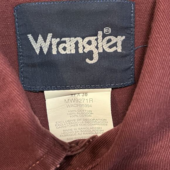 Wrangler Men’s Pearl Snap Maroon Brush Popper Shirt 17x36 Long Sleeve Western - Picture 5 of 8